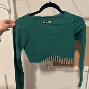 Teal Long Sleeve Crop Top with Rhinestone Fringe